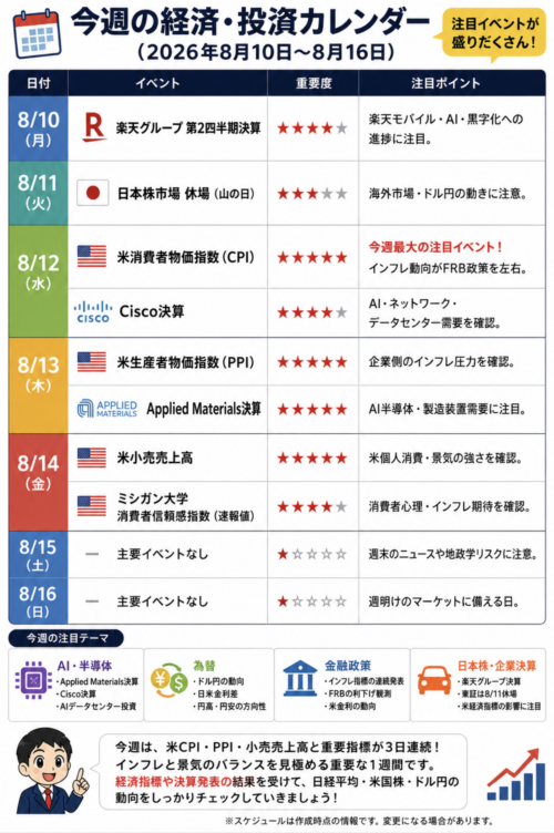 今週の経済・投資カレンダー（8月10日～8月16日）